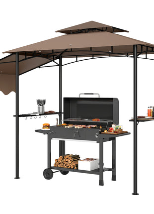8' x 5' Outdoor Grill Gazebo, Barbecue Gazebo Shelter with Side Awning, 2 Side Shelves and 6 Hooks, Brown