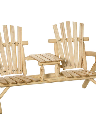 2-Seat Wooden Adirondack Chair, Patio Bench with Table, Outdoor Loveseat Fire Pit Chair for Porch, Backyard, Deck, Natural