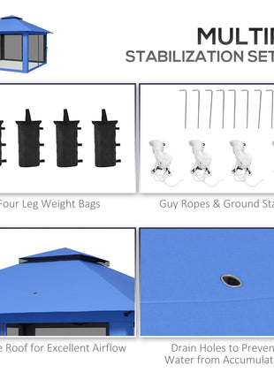 13' x 13' Pop Up Gazebo Instant Canopy Tent Shelter with 2-Tier Roof, Carry Bag, Wight Bags for Outdoor, Garden, Blue