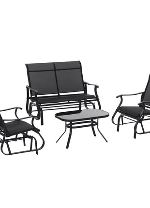 4 Pieces Gliders Set, Outdoor Furniture Sets with 2-Person Glider Patio Bench, Single Sling Chair and Glass Coffee Table for Backyard, Lawn and Garden, Black