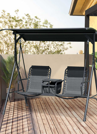 2-Seat Outdoor Porch Swing, with Pivot Storage Table, Cup Holder, & Adjustable Overhead Canopy, Stand's Skid-Resistant Feet Pad, Breathable Mesh Seat, Steel Frame, for Patio, Black