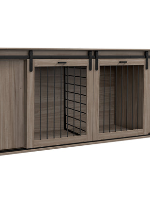 71" Modern Dog Kennel Furniture with Removable Divider, Storage for 2 Small Dogs or 1 Large Dog, Walnut