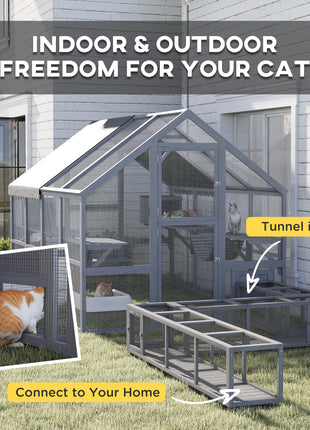 Wooden Catio Outdoor Cat Enclosure with Waterproof Cover, 2 Condos, 6 Platforms, Bridge, Doors, Gray