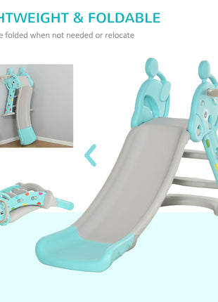 2 in 1 Kids Slide with Basketball Hoop, Foldable Toddler Freestanding Slider Playset, for 18 months -4 Years Deer Shaped, Includes Basketball, Pump - Blue