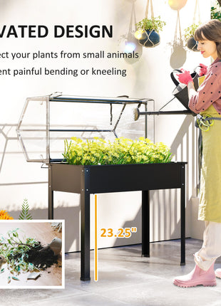 Elevated Garden Box with Greenhouse Cover, Raised Garden Bed with Legs and Drainage Hole for Vegetables, Black