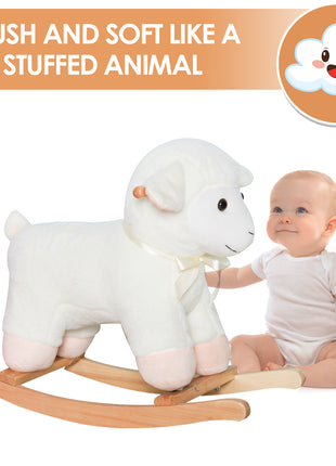 Lamb Rocking Horse Sheep, Nursery Stuffed Animal Ride On Rocker for Kids, Wooden Plush, White