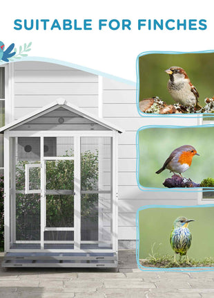 64.5" Wooden Bird Cage Aviary, Flight Cage with 4 Perches, Nest and Slide-Out Tray for Indoor/Outdoor, Gray