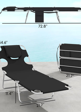 2 Tanning Chairs with Face Hole, 5-Level Adjustable Outdoor Chaise Lounge Chair with Pillow for Beach, Pool, Black