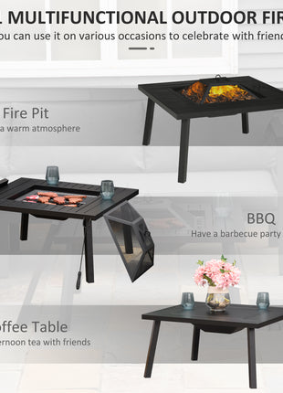34" Fire Pit with Grill, Metal Outdoor Wood Burning Firepit with Spark Screen, Fire Poker, Cover, Table Lip, Black
