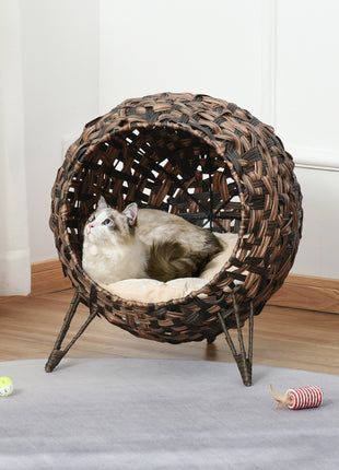 20.5" Weaved Cat Bed, Elevated Hand-woven Braided Banana Leaf Kitten House Condo with Cushion, Brown
