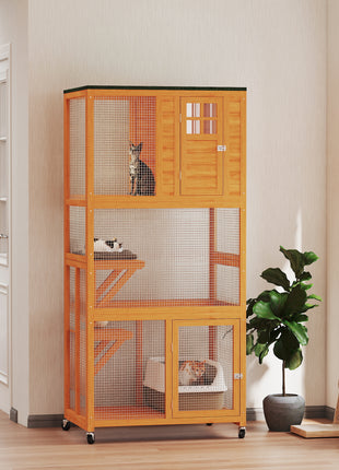 74" Wooden Outdoor Cat House Catio Outdoor Cat Enclosure, Orange