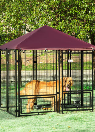 Outdoor Dog Kennel with Rotating Bowl Holders, Pet Playpen with Waterproof Cover, 4.6' x 4.6' x 5', Red