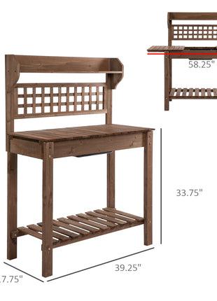 Outdoor Potting Bench Table, Wooden Workstation with Sliding Tabletop, Storage Shelf and Dry Sink, for Greenhouse, Garden, Patio, Brown