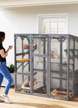 Large Wooden Catio Outdoor with 6 Jumping Platforms, Weatherproof Roof, for 1-3 Cats, 59" x 28" x 60", Gray