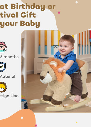 Baby Rocking Horse Lion with Sound, Plush Stuffed Rocking Animals, Wooden Rocking Horse with Seat Belt for 18-36 Months Boys and Girls Gift, Brown