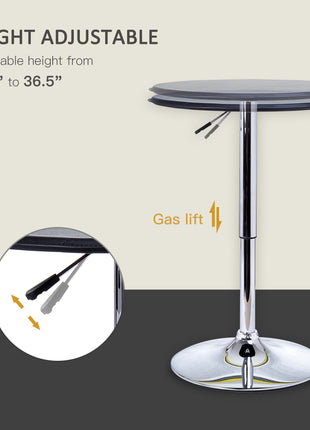 25" Classic Round Adjustable Faux Leather Chrome Standing Bistro Table, Black