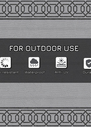 RV Mat, Outdoor Patio Rug / Large Camping Carpet, 9' x 18', Waterproof Plastic Straw, Reversible, Black & Gray Border