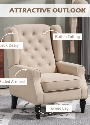 Wingback Accent Chair for Living Room, Button-Tufted Lounge Chair with Round Armrests and Wood Legs, Beige