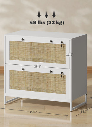 Lockable Filing Cabinet, Boho 2 Drawer File Cabinet with Adjustable Hanging Bar for Letter, A4 and Legal Size, White