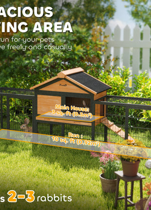 Wooden Rabbit Hutch Outdoor, 85" Large Bunny Cage with Steel Run, Removable Plastic Tray, Asphalt Roof, Ramp