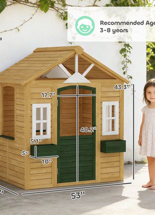 Outdoor Playhouse, Wooden Kids Playhouse with Door, 3 Windows, 2 Flower Boxes for Garden, Indoor Playroom, Ages 3–8