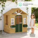 Outdoor Playhouse, Wooden Kids Playhouse with Door, 3 Windows, 2 Flower Boxes for Garden, Indoor Playroom, Ages 3–8