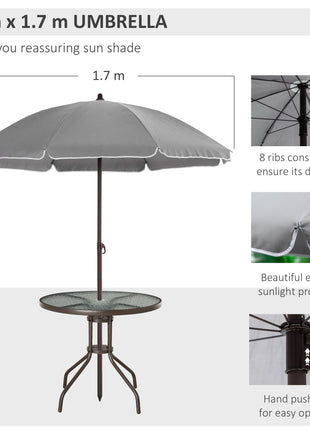 6 Piece Patio Dining Set for 4 with Umbrella, with 4 Folding Dining Chairs & Round Glass Table for Garden, Gray