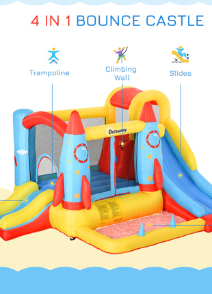 Kids Bounce House, 4-in-1 Rocket Inflatable Water Slide Jumping Castle with 2 Slides, Climbing Wall, Trampoline, & Water Pool Area, Air Blower
