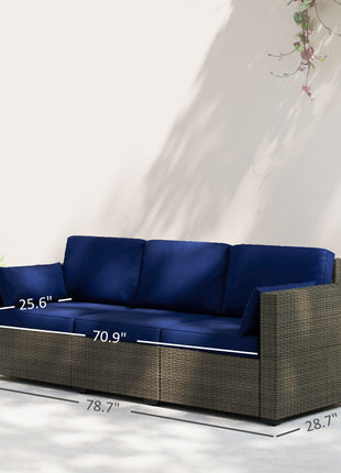 Patio Couch PE Wicker Deep Seating Outdoor Sofa with Removable Cushions, 3 Seater Rattan Sofa, Outdoor Furniture for Balcony, Deck, Garden and Poolside, Navy Blue