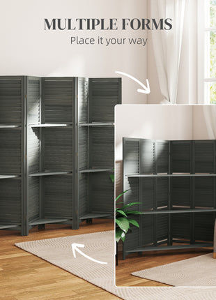 6 Panel 67" Tall Wood Privacy Screen Room Divider with 3 Shelves and Folding Storage for Bedroom, Gray