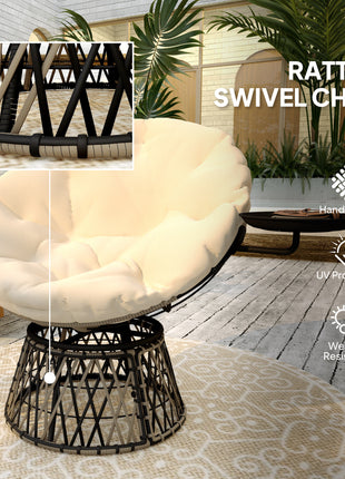 360° Swivel Outdoor Papasan Chair, 39" Overstuffed Circle Chair with Side Tray, Thick Cushion for Indoor Patio, Beige