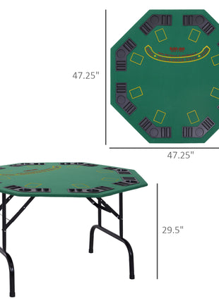 Poker Table Foldable, 47" Octagon Blackjack Poker Game Table for 8 Players with Cup Holders and Chips Tray, Green Felt
