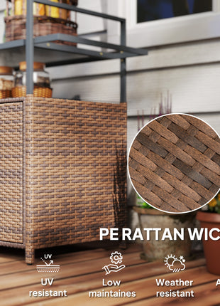 2-Tier Shelf PE Rattan Outdoor Bar Table, Glass Top Outdoor Serving Cart with Cabinet, Mixed Brown