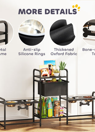 3 Height Adjustable Dog Bowl Stand with 2 Feeding Stations, Toy Bin Basket, Black