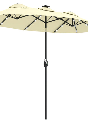 Double-sided Patio Umbrella, 9.7' Outdoor Umbrella with Tilt and Crank, LED Solar Light and 12 Ribs, Cream White