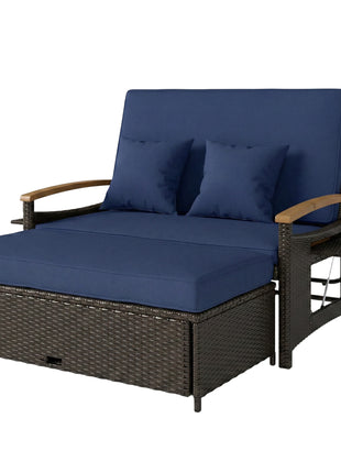 Rattan Outdoor Daybed w/4-Level Adjustable Backrest, Patio Sofa Bed w/Storage Ottoman, Acacia Wood Armrest, Navy Blue