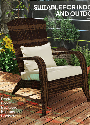 Patio Adirondack Chair with Rattan Wicker, Soft Cushions, Tall Curved Backrest for Deck or Garden, Cream White