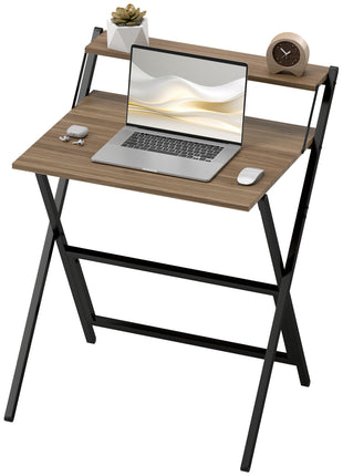 Folding Computer Desk, 27.6" Foldable Desk with Monitor Shelf for Small Space, Home Office, Study, Easy Assembly, Walnut