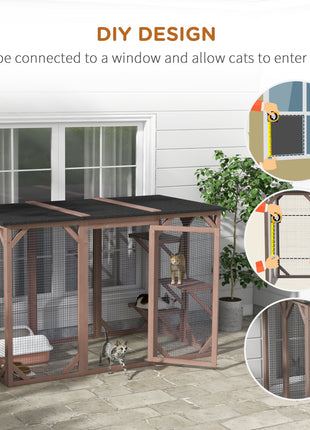 Outdoor Cat House, Catio Wooden Feral Cat Shelter, Cat Cage with Platforms, Large Enter Door, Weather Protection Asphalt Roof, 71" L, Brown