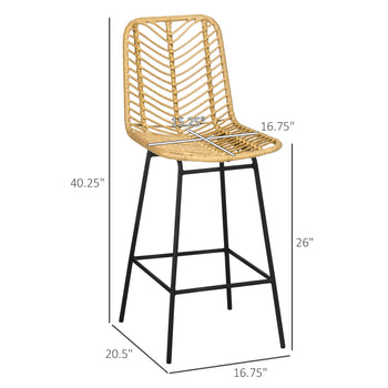 Set of 4 Rattan Barstools Wicker Counter Stools with Steel Legs and Footrest for Dining Room Kitchen Pub Yellow