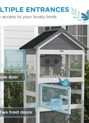 Wooden Bird Aviary with Slide-Out Tray, Birdhouse, Ladder, Perches for Finches, Parakeets, Gray