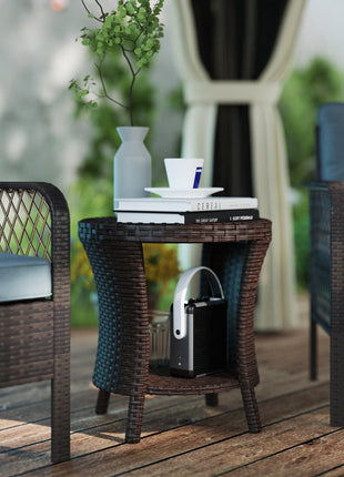 18" Wicker Outdoor Coffee Table, PE Rattan Patio Side Table with 2-Tier Storage, Composite Wood Top, Mixed Brown