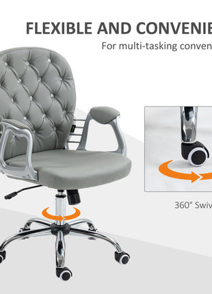 Button Tufted Desk Chair, Home Office Chair with Padded Armrests, Adjustable Height and Swivel Wheels, Gray
