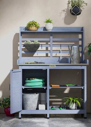 Wooden Potting Bench with Storage, Aluminum Tabletop for Backyard, Patio, Balcony, Gray