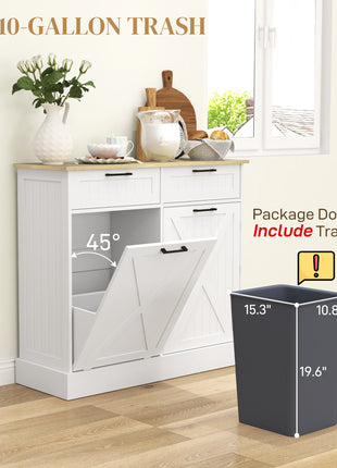 10 Gallon Farmhouse Kitchen Cabinet with Hidden Trash Can and 2 Drawers, Tilt Out Trash Can Cabinet for Kitchen, White