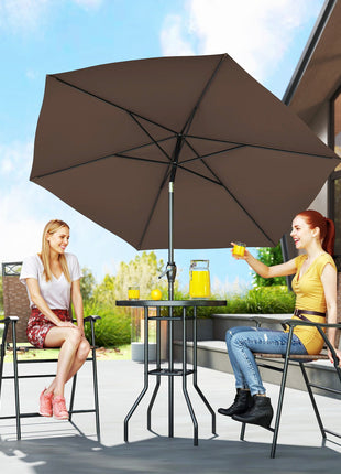 4 Piece Outdoor Bar Set with Umbrella, Patio Dining Set with 2 Folding Chairs, Wave Textured Tempered Glass Table for Backyard, Garden, Deck, Poolside, Brown