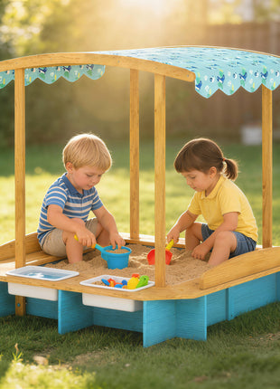 Wooden Sandbox with Dinosaur Print Canopy Kids Sandbox Outdoor with Bench Seats & 2 Storage Bins