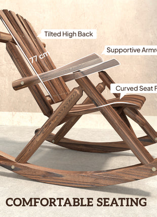 Outdoor Wooden Rocking Chair, Single-Person Adirondack Rocking Patio Chair with Rustic High Back, Slatted Seat and Backrest for Indoor, Backyard, Garden, Carbonized