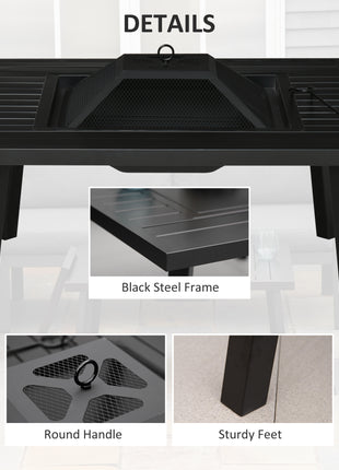 34" Fire Pit with Grill, Metal Outdoor Wood Burning Firepit with Spark Screen, Fire Poker, Cover, Table Lip, Black