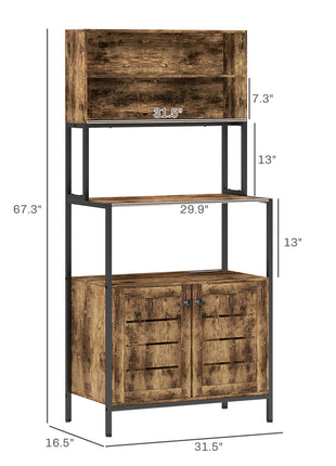 Baker's Rack with Power Outlet and Storage Shelves, Microwave Stand with Louvred Door Cabinets, Rustic Brown